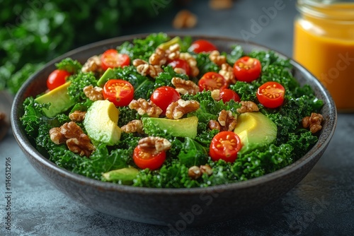 Delicious vibrant salad with kale and avocado topped with nuts