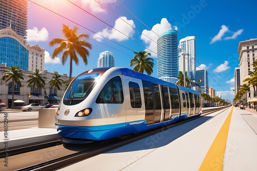 Public transportation in downtown Miami in Florida USA. Metrorail city train car on high railroad over street traffic between skyscraper buildings in modern American megapolis
