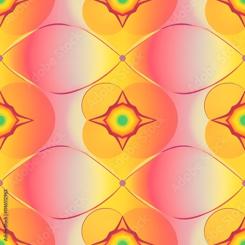 Abstract Floral Pattern: A vibrant, seamless pattern featuring intricate, geometric shapes reminiscent of flowers in shades of yellow, orange, pink, and green.
