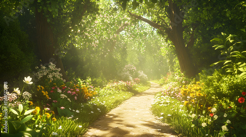 Sunlit garden path surrounded by vibrant flowers.