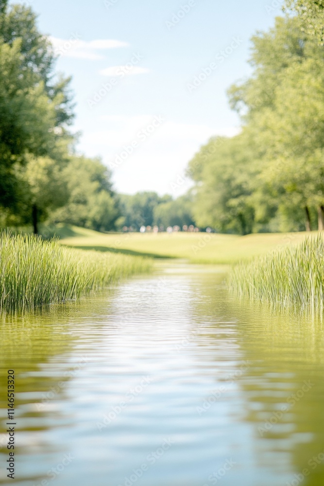 Tranquil Pond with Distant Birdwatchers Amidst Lush Greenery Tranquil Pond with Distant Birdwatchers Amidst Lush Greenery
