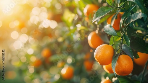 Ripe oranges hanging on tree branches in an orchard during sunset.