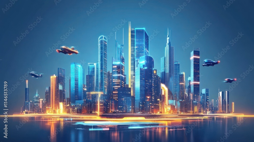 Fototapeta premium Futuristic cityscape with flying vehicles and illuminated skyscrapers.