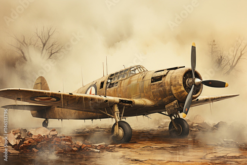 destroyed plane of the Second World War, sepia picture,.    photo