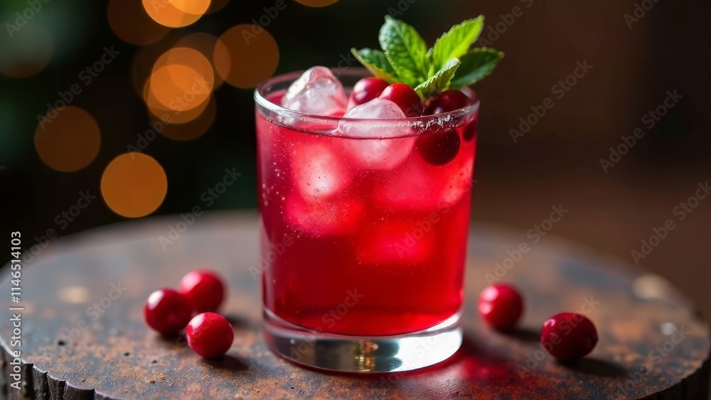 Refreshing cranberry cocktail with ice and mint garnish on wooden table