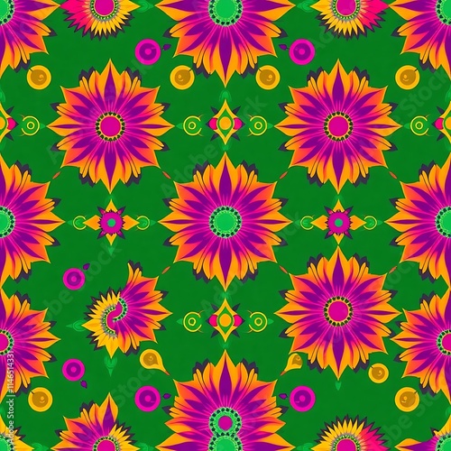 Psychedelic Floral Pattern: Vivid, vibrant, and energetic, this seamless pattern features a kaleidoscope of bold colors and intricate floral designs.
