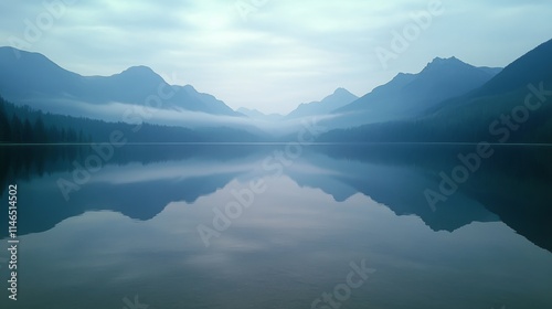 Serene Mountain Lake Reflecting Misty Peaks