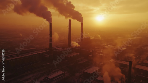 Factory chimneys emit large amounts of smoke at sunset