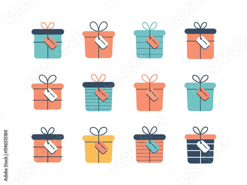 Illustrated flat design of colorful gift boxes with tags and ribbons