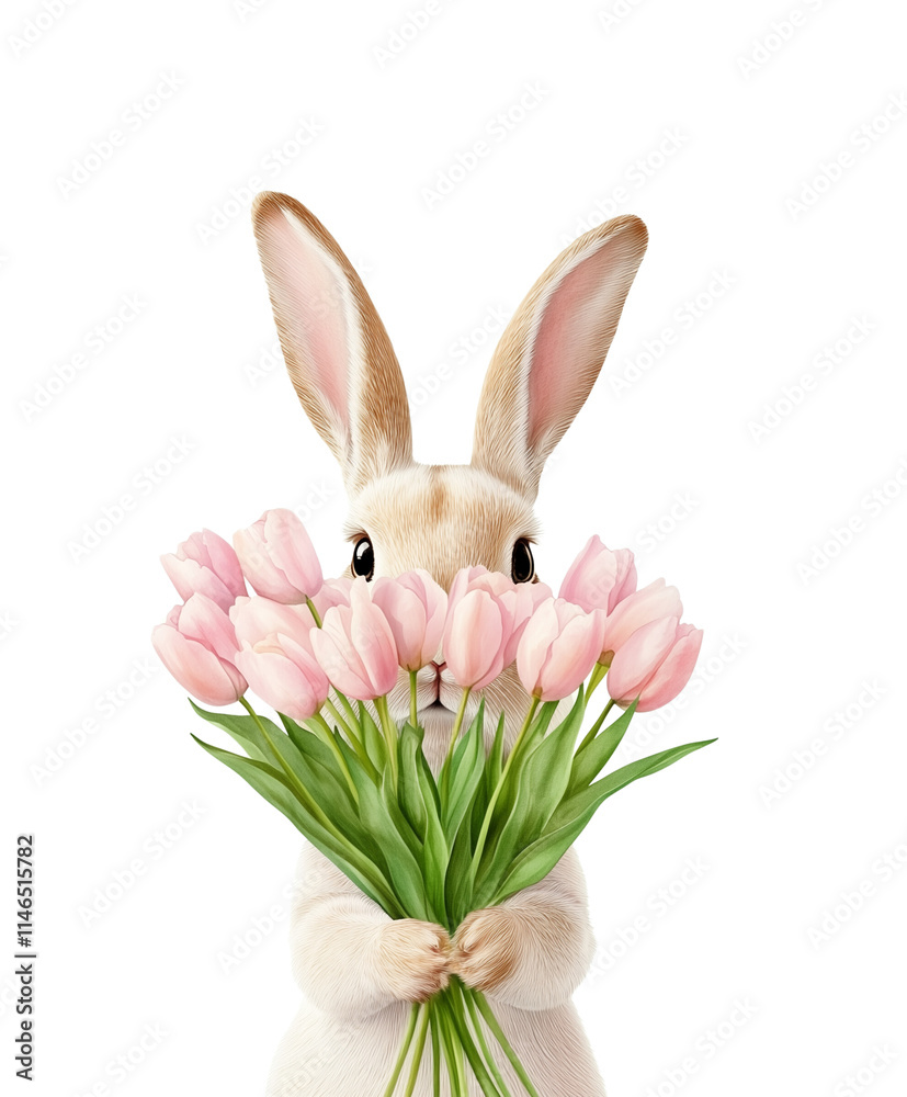 Easter bunny holding a bouquet of pastel tulips Easter bunny holding a bouquet of pastel tulips