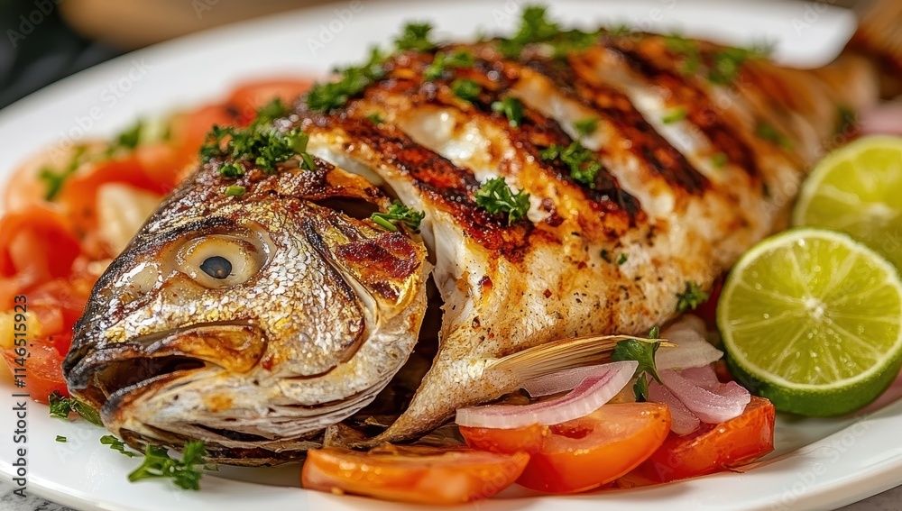 Delicious grilled dorado fish with vegetables and lime Delicious grilled dorado fish with vegetables and lime