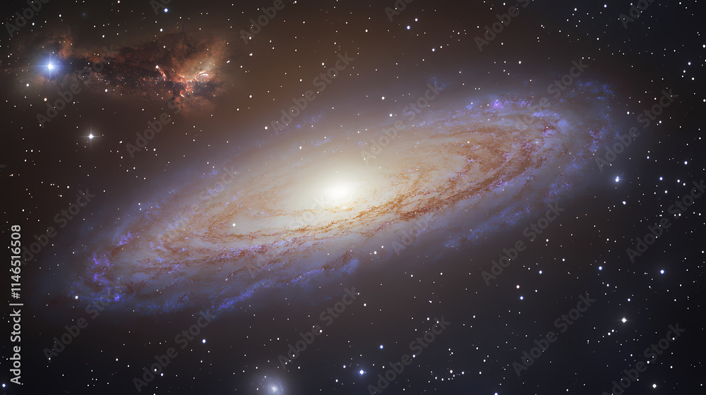 Fototapeta premium A serene and peaceful background of stars and galaxies with a subtle glow, active galactic nucleus, nebula, elliptical galaxy, interstellar medium. Ecliptical. Illustration