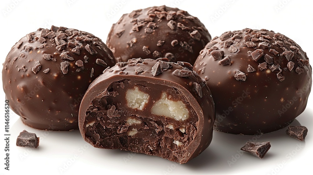 A close-up of chocolate-covered truffles, showcasing a rich filling with nuts. A close-up of chocolate-covered truffles, showcasing a rich filling with nuts.