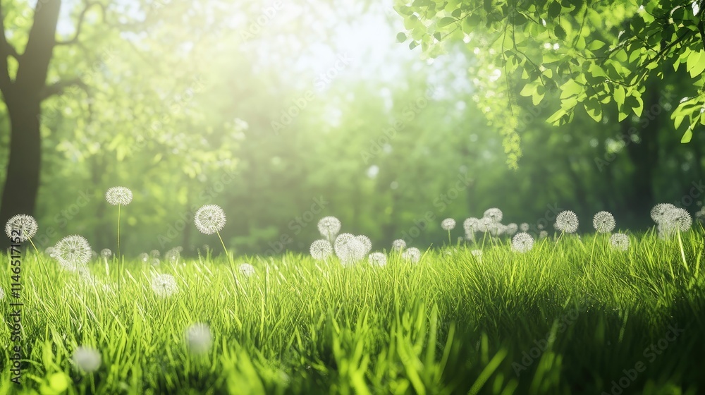 Beautiful spring natural background. Landscape with young lush green grass with blooming dandelions against the background of trees in the garden. Beautiful spring natural background. Landscape with young lush green grass with blooming dandelions against the background of trees in the garden.