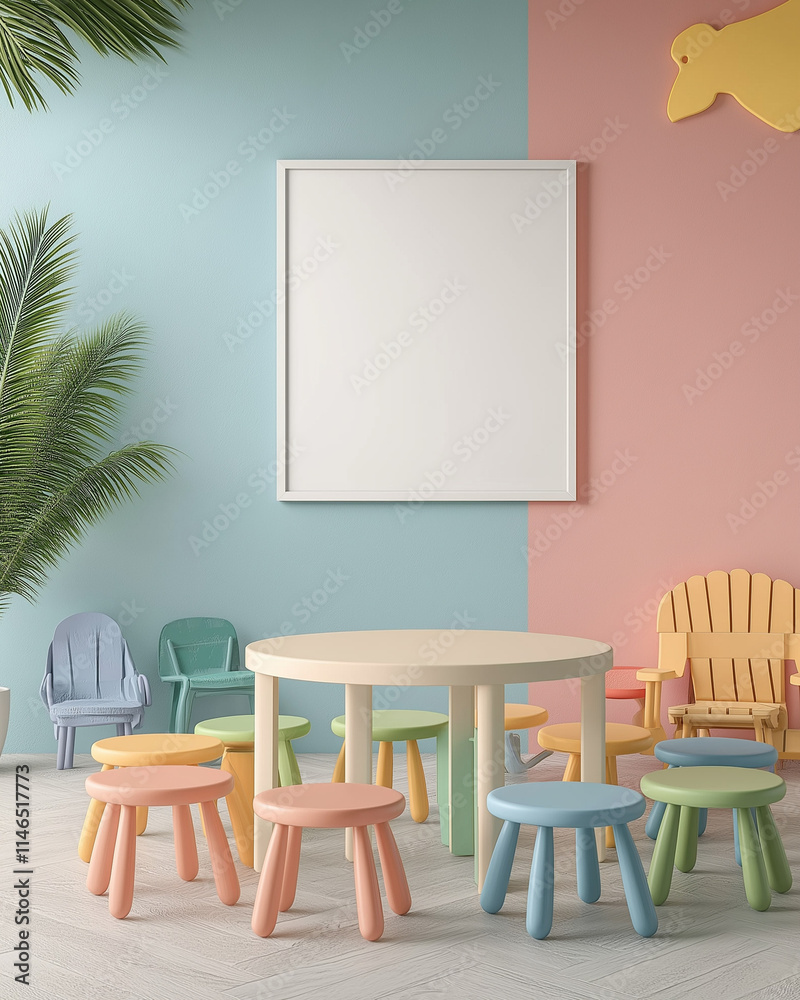 Blank White Poster in Kid-Friendly Prayer Room with Pastel Colors Blank White Poster in Kid-Friendly Prayer Room with Pastel Colors
