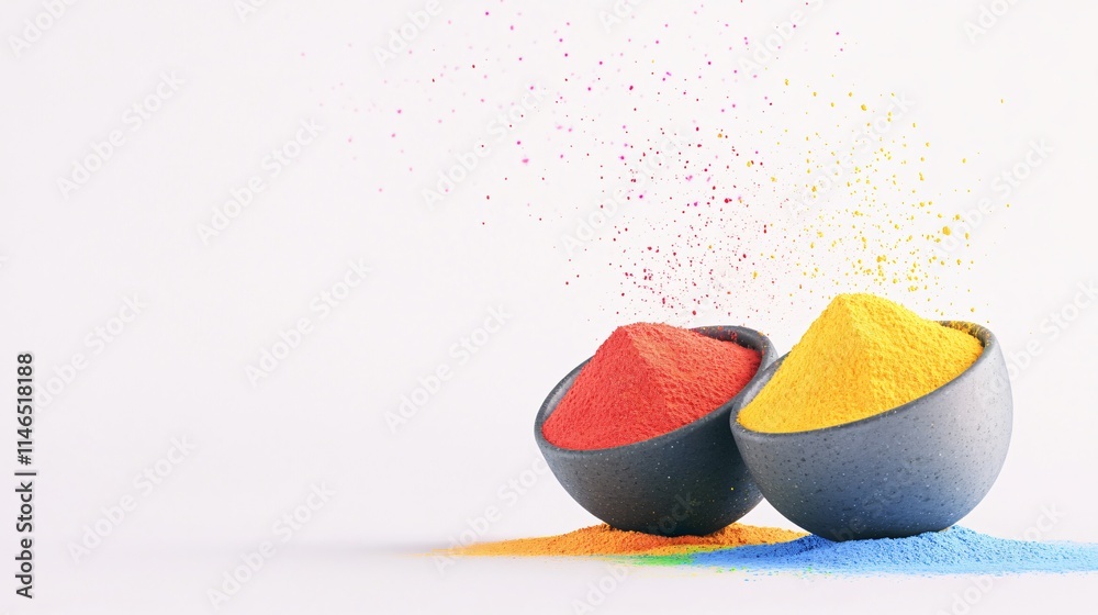 Vibrant 3D Rendering of Holi Powders in Bowls with Color Splashes Vibrant 3D Rendering of Holi Powders in Bowls with Color Splashes