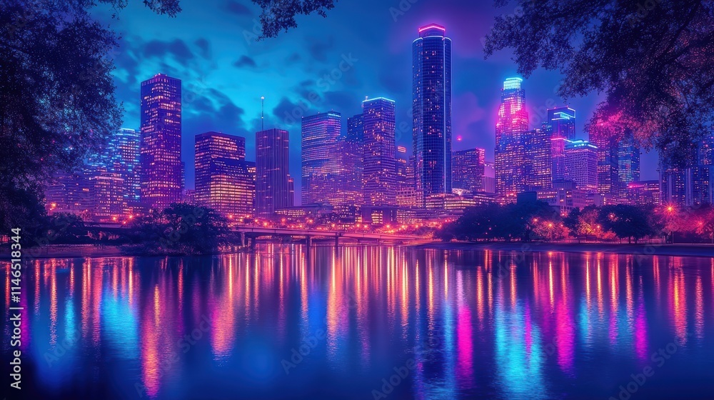 Fototapeta premium vibrant houston skyline night reflection