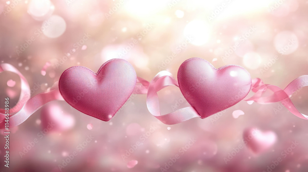 Romantic Imagery of Floating Pink Hearts and Ribbons, Symbolizing Love Against a Dreamy Blurred Background