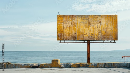 Vibrant Yellow Billboard Against a Tranquil Ocean Background photo