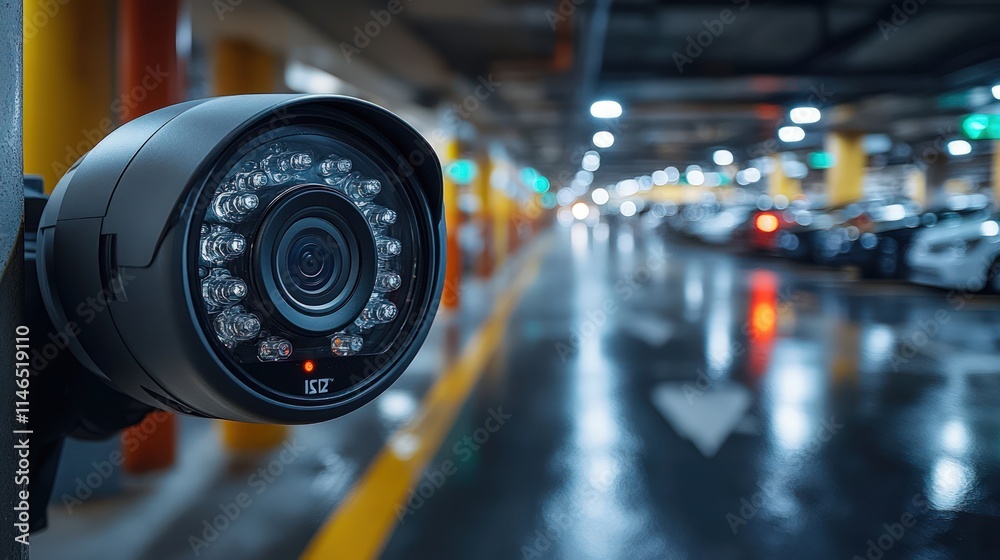 Security camera in a parking garage at night. Security camera in a parking garage at night.