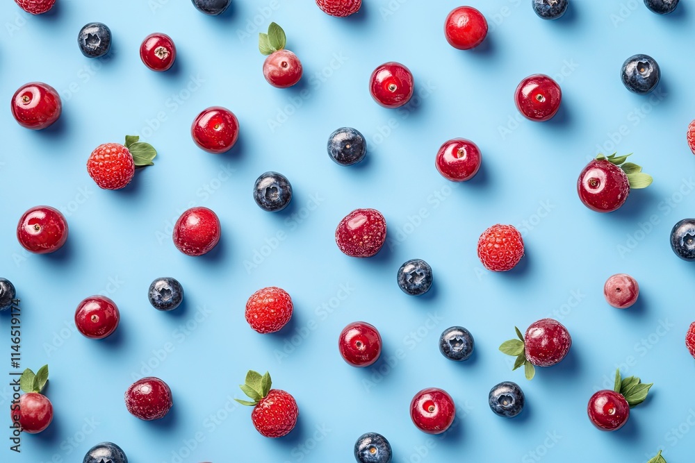 Berry yogurt on blue background, top view 