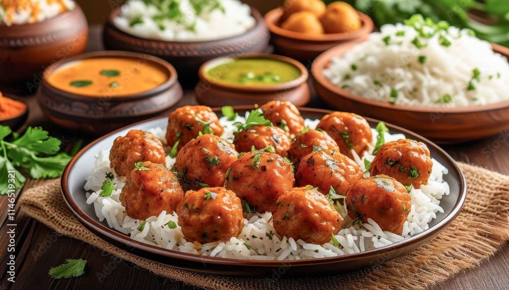 Meatballs in a savory sauce served on a bed of white rice. Traditional earthenware, flatbreads and side dishes create an authentic Indian dining experience. Meatballs in a savory sauce served on a bed of white rice. Traditional earthenware, flatbreads and side dishes create an authentic Indian dining experience.