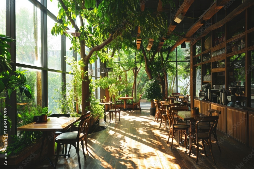 Fototapeta premium Sunlit Eateries: A Modern CafÃ© with Wooden Interior and Indoor Garden Ambiance