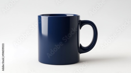 A cylindrical ceramic coffee mug in a matte navy blue, showcasing clean and simple aesthetics, isolated on white