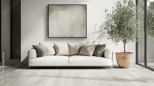 Minimalist living room with white sofa and potted olive tree

