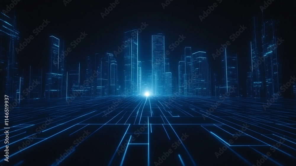 Futuristic Cityscape Digital Lines and Glowing Towers Futuristic Cityscape Digital Lines and Glowing Towers