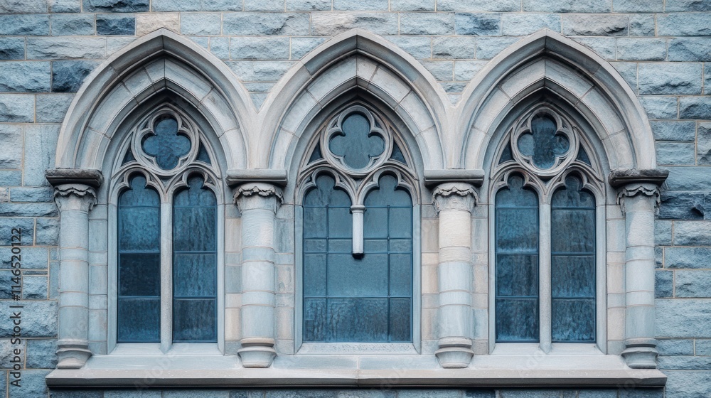 Obraz premium Gothic-style stone wall with three arched windows featuring intricate designs.
