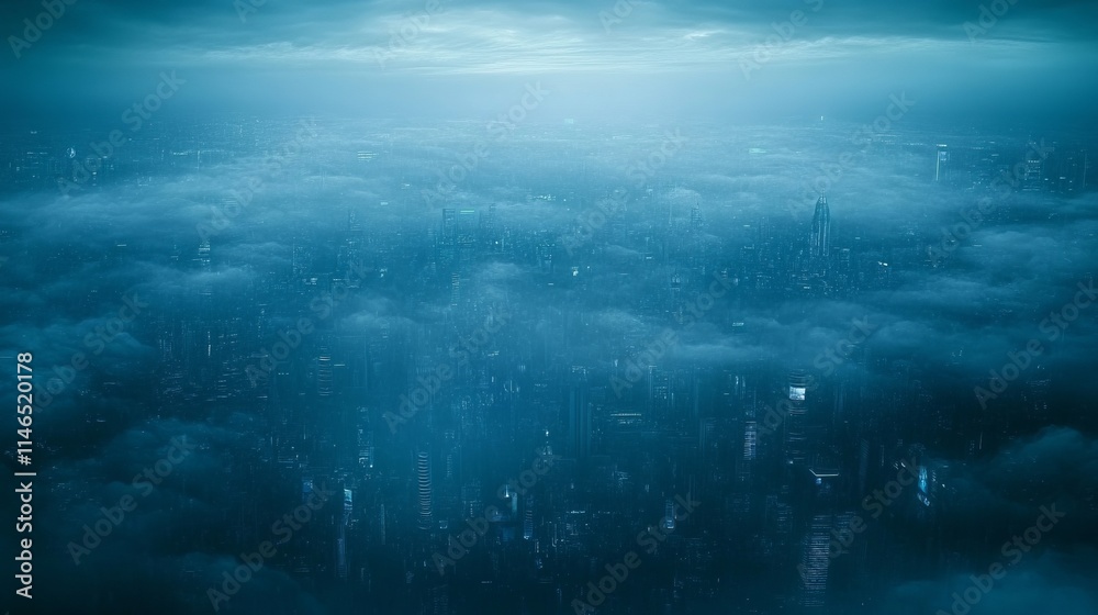 Fototapeta premium Futuristic Cityscape Hidden in Clouds at Dusk