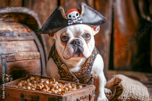 A French Bulldog in a pirate costume, complete with a tiny hat and eyepatch, sitting proudly next to a treasure chest of dog treats