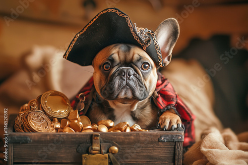 A French Bulldog in a pirate costume, complete with a tiny hat and eyepatch, sitting proudly next to a treasure chest of dog treats