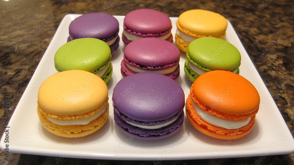 Obraz premium Colorful french macarons display gourmet bakery food photography indoor setting close-up shot culinary art