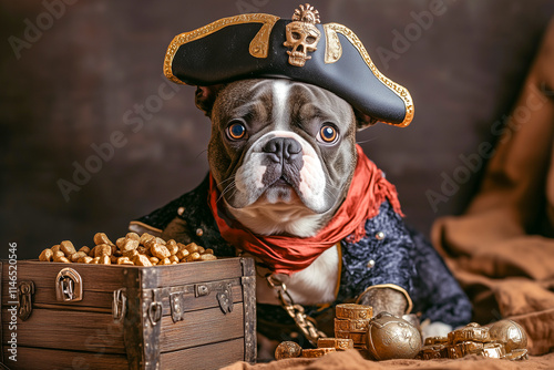 A French Bulldog in a pirate costume, complete with a tiny hat and eyepatch, sitting proudly next to a treasure chest of dog treats