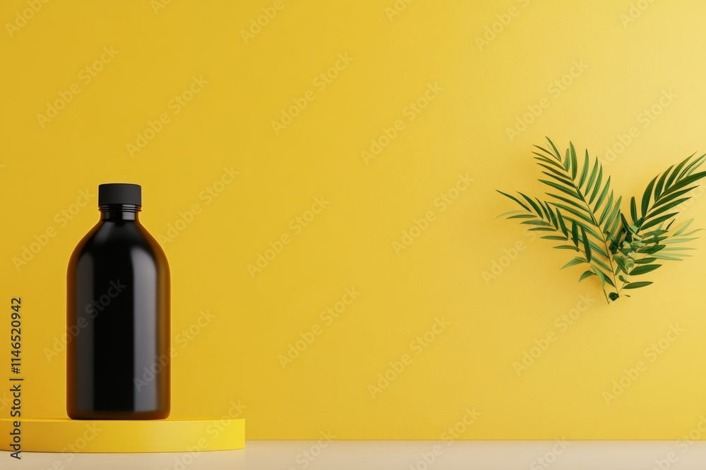 A black bottle on a yellow background with a green plant, creating a vibrant aesthetic. A black bottle on a yellow background with a green plant, creating a vibrant aesthetic.