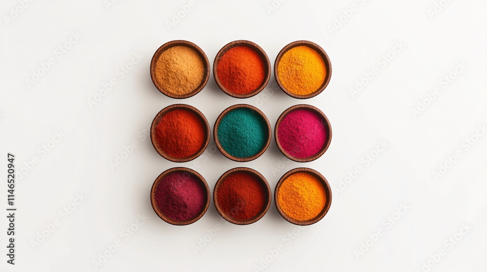 Top-Down 3D View of Symmetrically Arranged Bowls with Holi Powders Top-Down 3D View of Symmetrically Arranged Bowls with Holi Powders
