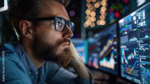 Focused Analyst Analyzing Financial Charts in a Dimly Lit Workspace