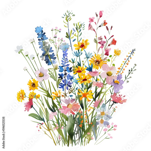 A watercolor drawing of a summer bouquet of wildflowers, isolated on a white background. Summer bouquet wildflowers vector.
