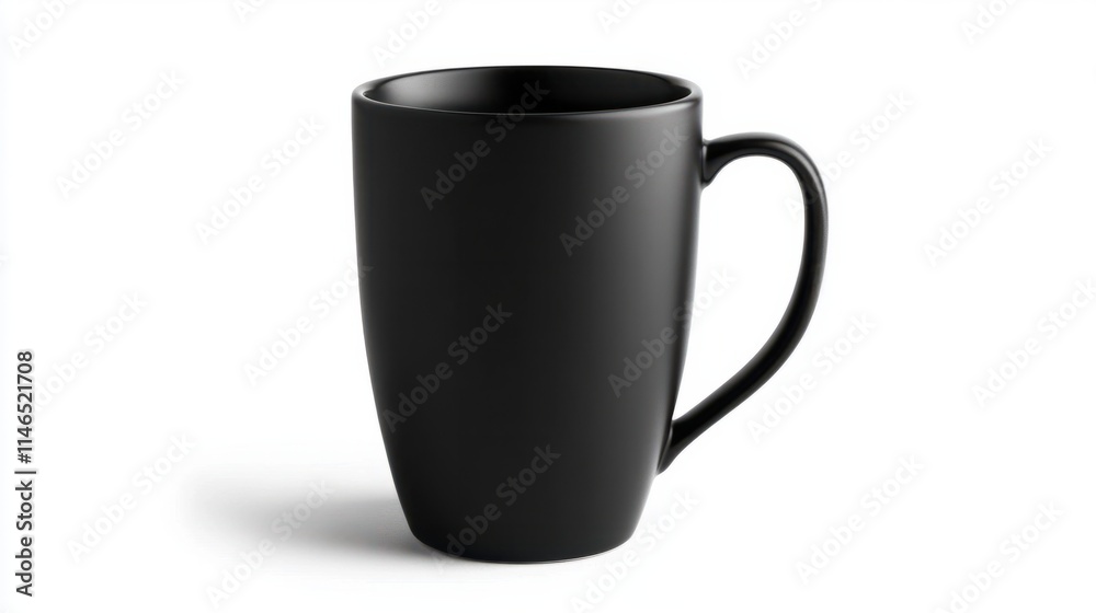 A tall ceramic coffee mug in matte black, featuring a straight handle and a minimalistic aesthetic, on white A tall ceramic coffee mug in matte black, featuring a straight handle and a minimalistic aesthetic, on white