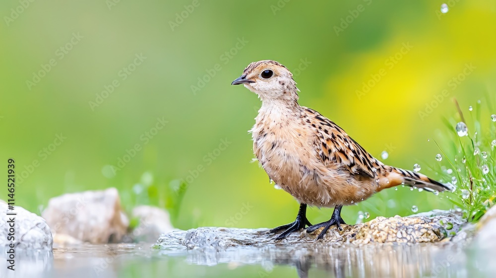 Young bird near water, fluffy brown plumage, standing on rocks. Young bird near water, fluffy brown plumage, standing on rocks.