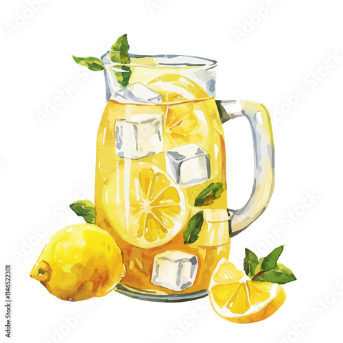 A watercolor vector of a summer lemonade jug with ice cubes, isolated on a white background. Summer lemonade jug vector.
