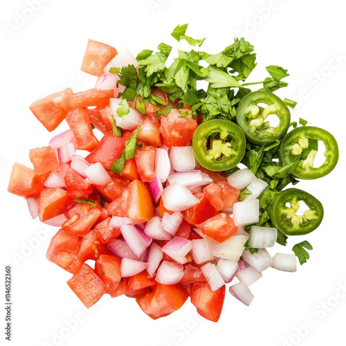 A vibrant mix of diced tomatoes, onions, jalapenos, and fresh cilantro, creating a colorful and flavorful topping, white background, transparent background.