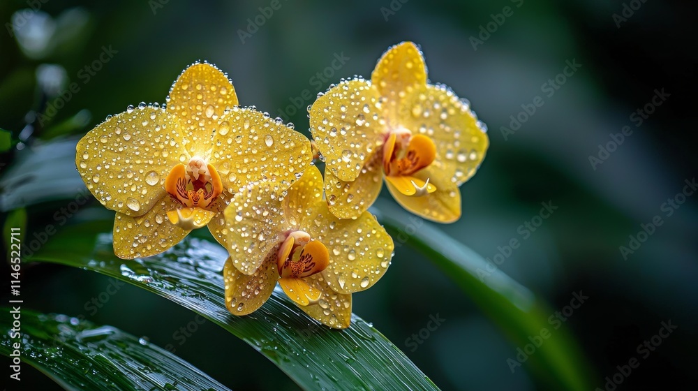 Fototapeta premium Photography, autumn, morning, orchids on green leaves, dew droplets, crystal water droplets on green leaves
