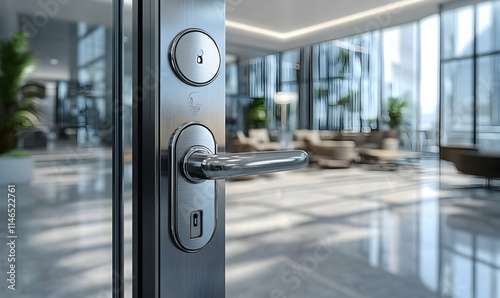 A modern door handle leading into a stylish office space with large windows.