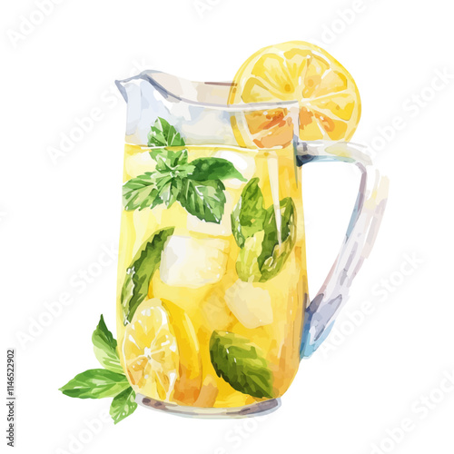 A watercolor drawing of a summer lemonade pitcher with mint, isolated on a white background. Summer lemonade pitcher vector.
