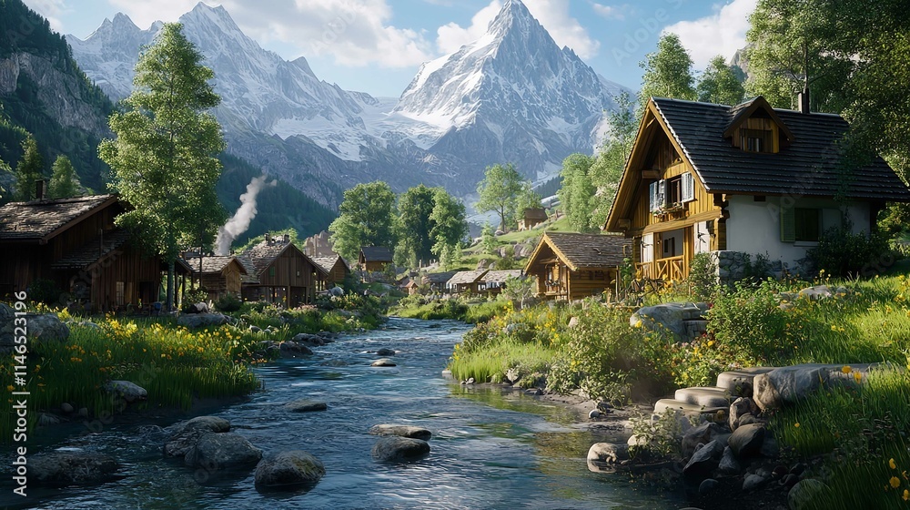 Swiss Landscape with River Stream and Houses 16K Resolution Swiss Landscape with River Stream and Houses 16K Resolution