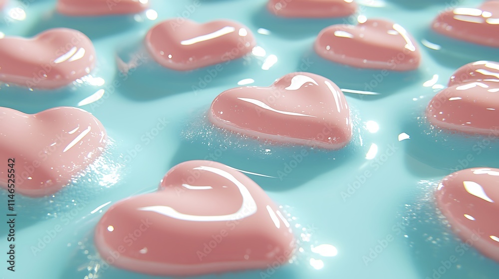 Pink Hearts in Teal Liquid  Abstract Love Background