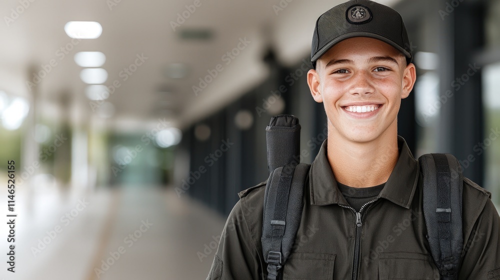 Smiling young man wearing a cap and backpack. Smiling young man wearing a cap and backpack.